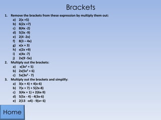 Brackets
1. Remove the brackets from these expression by multiply them out:
a) 2(x +5)
b) 6(2x +7)
c) 8(4x -2)
d) 5(3x -9)
e) 2(4 -2x)
f) 8(3 – 4x)
g) x(x + 3)
h) x(2x +9)
i) x(4x -7)
j) 2x(9 -5x)
2. Multiply out the brackets:
a) x(3x2 + 5)
b) 2x(5x2 + 6)
c) 5x(3x3 - 7)
3. Multiply out the brackets and simplify:
a) 3(x + 4) + 4(x-6)
b) 7(x + 7) + 5(2x-8)
c) 3(4x + 1) + 2(6x-9)
d) 5(5x - 4) - 4(3x-6)
e) 2(13 -x4) - 9(x+ 6)
 