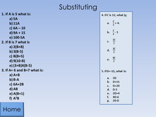 Substituting
1. If A is 5 what is:
a) 5A
b)11A
c) 6A – 10
d)9A + 15
e) 100-5A
2. If B is 7 what is
a) 2(B+8)
b)3(B-5)
c) B(B+5)
d)9(10-B)
e) (3+B)X(B-5)
3. If A= 6 and B=7 what is:
a) A+B
b)B-A
c) 6A+2B
d)AB
e) A(B+1)
f) A2B
 