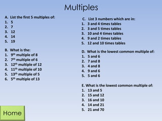 Multiples
A.
1.
2.
3.
4.
5.

List the first 5 multiples of:
5
7
12
14
19

C.
1.
2.
3.
4.
5.

List 3 numbers which are in:
3 and 4 times tables
3 and 5 times tables
10 and 4 times tables
9 and 2 times tables
12 and 10 times tables

B.
1.
2.
3.
4.
5.
6.

What is the:
9th multiple of 8
7th multiple of 6
12th multiple of 12
11th multiple of 10
13th multiple of 5
5th multiple of 13

D.
1.
2.
3.
4.
5.

What is the lowest common multiple of:
5 and 6
7 and 8
4 and 8
9 and 6
5 and 6

E. What is the lowest common multiple of:
1. 13 and 5
2. 15 and 12
3. 16 and 10
4. 14 and 21
5. 21 and 70

 