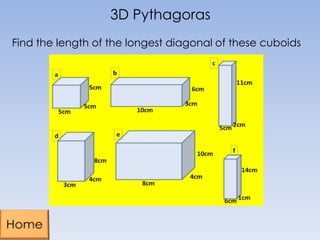 3D Pythagoras
Find the length of the longest diagonal of these cuboids

 
