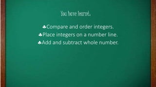 Compare and order integers.
Place integers on a number line.
Add and subtract whole number.
You have learnt:
 