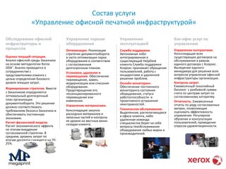 Обследование офисной 
инфраструктуры и 
процессов 
Оценка текущей ситуации. 
Анализ офисной среды Заказчика 
на основе методологии Xerox 
ODA®. Анализ проводится в 
сотрудничестве с 
представителями клиента с 
целью определения базового 
уровня текущих затрат. 
Формирование стратегии. Вместе 
с Заказчиком определяется 
оптимальный долгосрочный 
план организации 
документооборота. Это решение 
должно соответствовать 
требованиям бизнеса Заказчика и 
обеспечивать постоянную 
экономию. 
Расчет финансовой модели. 
Расчет экономического эффекта 
по этапам внедрения 
согласованной стратегии. В 
среднем, уровень затрат по 
итогам договора снижается на 20- 
25%. 
Управление парком 
оборудования 
Оптимизация. Реализация 
стратегии документооборота 
в части оптимизации парка 
оборудования в соответствии 
с согласованным 
долгосрочным планом. 
Установки, удаления и 
перемещения. Обеспечение 
перемещения, замен, 
модернизации или списания 
оборудования. 
Предотвращение его 
несанкционированного 
перемещения или 
изменения. 
Управление материалами. 
Консолидация закупок 
расходных материалов и 
запасных частей и контроль 
их уровня на местных мини- 
складах клиента. 
Управление 
эксплуатацией 
Служба поддержки. 
Автономная либо 
интегрированная в 
существующий HelpDesk 
клиента Служба поддержки 
Ксерокс принимает обращения 
пользователей, работу с 
инцидентами и удаленное 
решение проблем. 
Онлайн мониторинг. 
Обеспечение постоянного 
мониторинга состояния 
оборудования, статуса 
работоспособности и 
проактивного устранения 
неисправностей. 
Техническое обслуживание. 
Выделенная, располагающаяся 
в офисе клиента, либо 
удаленная команда 
специалистов берет на себя 
вопросы техобслуживания 
оборудования любых марок и 
производителей. 
Бэк-офис услуг по 
управлению 
Управление контрактами. 
Консолидация всех 
существующих договоров на 
обслуживание в рамках 
единого договора с Ксерокс. 
Выледение единого 
менеджера для решения всех 
вопросов управления офисной 
инфраструктуры организации. 
Контроль затрат . 
Ежемесячный покопийный 
биллинг с разбивкой суммы 
счета по центрам затрат по 
согласованному алгоритму. 
Отчетность. Ежемесячные 
отчеты по ряду согласованных 
метрик, позволяющие 
оценивать эффективность 
управления. Регулярное 
обучение и консультации 
пользователей, проведение 
опросов удовлетворенности. 
Состав услуги 
«Управление офисной печатной инфраструктурой» 
 