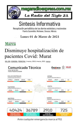 Disminuye hospitalización de
pacientes Covid: Murat
DEL DÍA, GENERAL, PRINCIPAL 1 marzo, 20211 marzo, 2021 marca
 