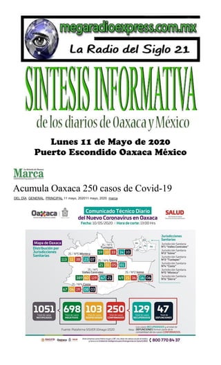 Acumula Oaxaca 250 casos de Covid-19
DEL DÍA, GENERAL, PRINCIPAL 11 mayo, 202011 mayo, 2020 marca
 