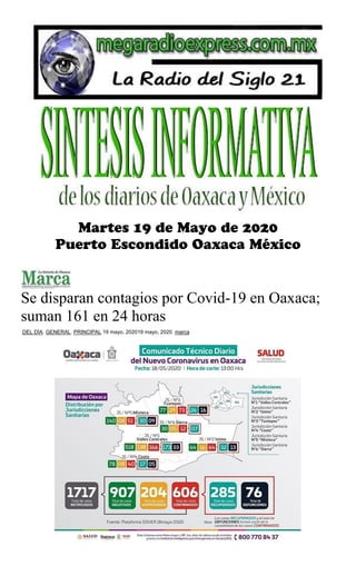 Se disparan contagios por Covid-19 en Oaxaca;
suman 161 en 24 horas
DEL DÍA, GENERAL, PRINCIPAL 19 mayo, 202019 mayo, 2020 marca
 