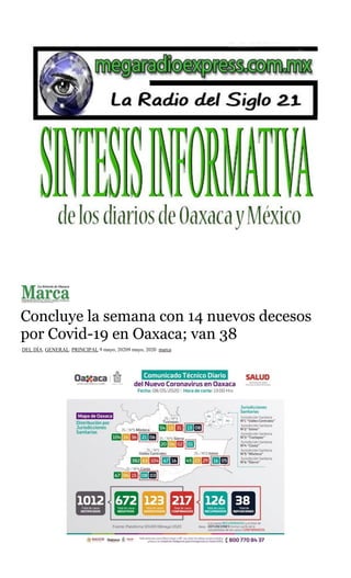 Concluye la semana con 14 nuevos decesos
por Covid-19 en Oaxaca; van 38
DEL DÍA, GENERAL, PRINCIPAL 9 mayo, 20209 mayo, 2020 marca
 