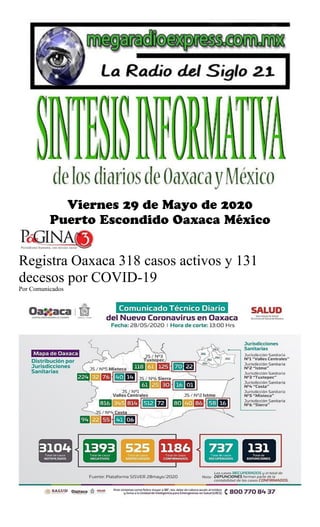Registra Oaxaca 318 casos activos y 131
decesos por COVID-19
Por Comunicados
 