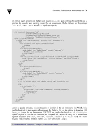 En primer lugar, creamos un fichero con extensión .ascx que contenga los controles de la
interfaz de usuario que nuestro control ha de encapsular. Dicho fichero se denominará
ContactViewer.ascx y tendrá el siguiente aspecto:
<%@ Control Language="c#"
AutoEventWireup="false"
Codebehind="ContactViewer.ascx.cs"
Inherits="WebMail.ContactViewer"%>
<DIV align="center">
<TABLE id="TableContact" width="90%" border="0">
<TR>
<TD width="100" bgColor="#cccccc">
Nombre
</TD>
<TD bgColor="#e0e0e0">
<asp:Label id="LabelName" runat="server">
Nombre del contacto
</asp:Label>
</TD>
<TD vAlign="middle" align="center" width="20%" rowSpan="6">
<asp:Image id="ImagePhoto" runat="server" Height="200px">
</asp:Image>
</TD>
</TR>
<TR>
<TD bgColor="#cccccc">
E-mail
</TD>
<TD bgColor="#e0e0e0">
<asp:Label id="LabelEMail" runat="server">
mailbox@domain
</asp:Label>
</TD>
</TR>
<!-- Lo mismo para los demás datos del contacto -->
...
<TR>
<TD colSpan="3">
<P>
<asp:Label id="LabelComments" runat="server">
Comentarios
</asp:Label>
</P>
</TD>
</TR>
</TABLE>
</DIV>
Como se puede apreciar, su construcción es similar al de un formulario ASP.NET. Sólo
cambia la directiva que aparece al comienzo del fichero. En vez de utilizar la directiva <%@
Page... propia de los formularios ASP.NET, se emplea la directiva <%@ Control..
específica para la creación de controles por composición. Aparte de eso y de la ausencia de
algunas etiquetas (<html>, <head>, <body>, <form> y <!DOCTYPE>), no existe
ninguna otra diferencia entre un fichero .ascx y un fichero .aspx.
66 Desarrollo Profesional de Aplicaciones con C#
© Fernando Berzal, Francisco J. Cortijo & Juan Carlos Cubero
 