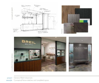 conceptual sketch




                                                          finishes
      completed interior photos




 project Geneva Watch showroom
example Conceptual fixture sketches and completed space
 
