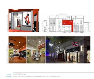 rough concept 3D images




                                                interior elevation
finished interior and exterior




 project Au Moda Boutique
example Rough conceptual renderings, detailed elevation and completed space
 