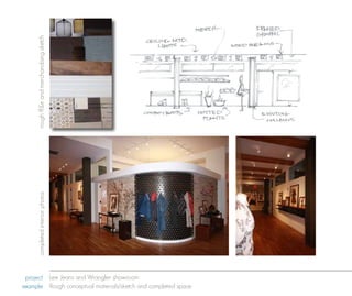 rough ff&e and merchandising sketch
     completed interior photos




 project Lee Jeans and Wrangler showroom
example Rough conceptual materials/sketch and completed space
 