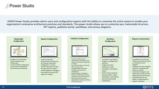 10 FITS Confidential
HOPEX Power Studio provides admin users and configuration experts with the ability to customize the entire system to enable your
organization’s enterprise architecture practices and standards. The power studio allows you to customize your metamodel structure,
RTF reports, publisher portal, workflows, and various diagrams.
Reports Configuration
• Study the reporting
requirements and make sure
the required metamodel
configuration is in place.
• Use RTF descriptors to feed
the data into your report.
• Include diagrams, catalogues,
and matrices into your RTF
reports as needed.
Publisher Configuration
• Study the publisher portal
requirements and make sure the
required metamodel configuration
is in place.
• Use HTML descriptors to feed the
data into your portal.
• Leverage MEGA’s accelerator
template to bootstrap your
configuration.
• Include Diagrams, Catalogues,
Matrices, Dashboards, and other
outcomes in your publisher portal
• Give portal access to your
organization members without
any extra licenses.
Workflow
Configuration
• Use MEGA’s easy diagram
modeler to configure your
workflow.
• Assign the action
performers, state
transitions, and special
events.
• Write various scripts to
execute actions, make
calculations, lock objects,
and send automated
notifications.
Diagram Customization
• Use MEGA’s out-of-the box
TOGAF and Archimate stencils
as a baseline for your
diagrams.
• Configure the various diagram
stencils to include/exclude
objects as needed.
• Customize the diagram and
object look and feel to fit the
organization’s brand identity.
• Automatically set any
object’s shape based on
specific attributes.
Power Studio
Metamodel
Configuration
• Configure you metamodel,
classes, attributes, and
relationships.
• Use the available configuration
as your base to leverage the
out-of-the box functionality.
-Batch Process-
-Batch Node-
Owned Batch Node
1 Batch Node Owner
Batch Sequence Name
Batch Sequence
Owned Batch Sequence
1
Batch Behavior
1
Predecessor
Next Sequence
-Composite c lassifier-
-Classifier Component-
1
Successor
Previous Sequence
-Batch Call-
-Feature Type-
1 Called Batch Process
Batch Call
-Library Element-
-Feature Type-
System Process
System Process
Batch Realization
1
{Base Type}
Realized System Process
{Composite Realization}
System Process Batch Realization
{Owned Realization}
Owned System Process Realization
1
{Realizer Composite}
Realizer Batch Process
-Composite Realization-
-Property Owner-
{Owned Batch Node}
Owned Batch Call
{Batch Node Owner}
Batch Call Owner
-Element in Diagram- -Desc ribed Element-
-Requirement-driven Element-
-Requirement-driven Element-
 