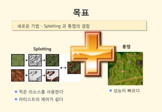 목표
새로욲 기법 - Splatting 과 통맵의 결합



                                 통맵
      Splatting




 적은 리소스를 사용한다                 성능이 빠르다

 아티스트의 제어가 쉽다
 