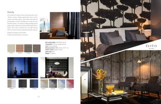 VP 755 01	 VP 755 03	 VP 755 05	 VP 755 06	
VP 756 01	 VP 756 02	 VP 756 04	 VP 752 01 VP 752 02 VP 752 03 VP 752 04
34
Kandy
As coming from another century and preserved in time,
“Kandy” remains. Imagine walking bare feet on a floor
covered with white sheets. There, dyers distill peels of
pomegranate, turmeric and hibiscus to create the most
beautiful yellows. Just a drop of indigo and deep greens
appear while madder and rusted metal will give birth to
blacks. Silk is here a mythical item. Sun light will play
with it to reveal its various pigments along the seasons.
• Reverse hanging recommended.
• Great stain and abrasion resistance.
Non-inflammable: ASTM E84 class A
Composition: Vinyl on a paper ground
Care: Extra washable
Measurements +/- 3%: 10.9yd x 39.37” roll
Pattern match: Random match
Sales units: Roll
Weight: 3.5 kg/roll
 