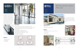 12 13
Applications:
• 1 sliding sash+1 fixed
• 2 sliding sashes
• 3 sliding sashes
Product Benefits:
• All-round locking points ensure high uniform gasket compression.
• Additional locking points provide maximum tightness and greater security.
• Innovative closing movement perpendicular to the frame profile.
• All-round gasket.
• All locking points controlled by the handle.
• Air permeability class 4 (DIN EN 1026 / 12 207).
• Water tightness class 9A (DIN EN 1027 / 12 208).
• Sash widths of 600-1500 mm.
• Sash heights of 700-2500 mm.
U22hr is a sliding door setting new
standards when it comes to window and
door tightness. Therefore, it is ideal for
use in high-rise buildings where high
wind loads occur. The product hardware
is guaranteed to remain tightly sealed
even in thunderstorms where wind gusts
and torrential rains are hitting the glass
and window frame directly. There is
no trace of draughts or rattling sashes
thanks to this unique technology.
combining experience and innovation
www.megasupplystore.com
U22hr
C O M B I N I N G E X P E R I E N C E & I N N O V A T I O N
www.megasupplystore.com
info@megasupplystore.com
tel: 855.634.2830 | fax: 215.893.4844
Window and door system
Retro style.
B11tb is designed to meet unique look
for unique people. The narrow profiles
give you a steel look like, windows and
doors, for private homes and residential
buildings.
Product benefits:
* Narrow look.
* High energy saving performance.
Features:
* Hinged window and door in and out, tilt & turn.
* Double window.
* Fixed window.
* Up to 2“ insulating glass.
www.megasupplystore.com
combining experience and innovation
B11tb
C O M B I N I N G E X P E R I E N C E & I N N O V A T I O N
www.megasupplystore.com
info@megasupplystore.com
 