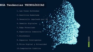 MEGA Tendencias TECNOLÓGICAS
1. Las Cosas Autónomas
2. Analítica Aumentada
3. Desarrollo impulsado por IA
4. Gemelos digitales
5. Edge Potenciado
6. Experiencia Inmersiva
7. Blockchain
8. Espacios Inteligentes
9. Ética Digital y Privacidad
10.Computación Cuántica
 