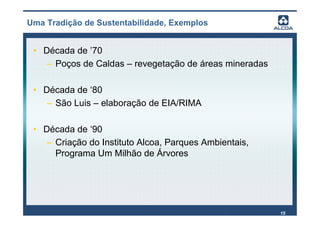 Uma Tradição de Sustentabilidade, Exemplos


 • Década de ’70
    – Poços de Caldas – revegetação de áreas mineradas

 • Década de ‘80
    – São Luis – elaboração de EIA/RIMA

 • Década de ‘90
    – Criação do Instituto Alcoa, Parques Ambientais,
      Programa Um Milhão de Árvores




                                                         15
 
