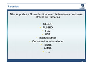 Parcerias


 Não se pratica a Sustentabilidade em Isolamento – pratica-se
                      através de Parcerias

                       • CEBDS
                       • FUNBIO
                         • FGV
                         • USP
                    • Instituto Ethos
                • Conservation International
                        • IBENS
                        • AMDA
                          • …..


                                                            20
 