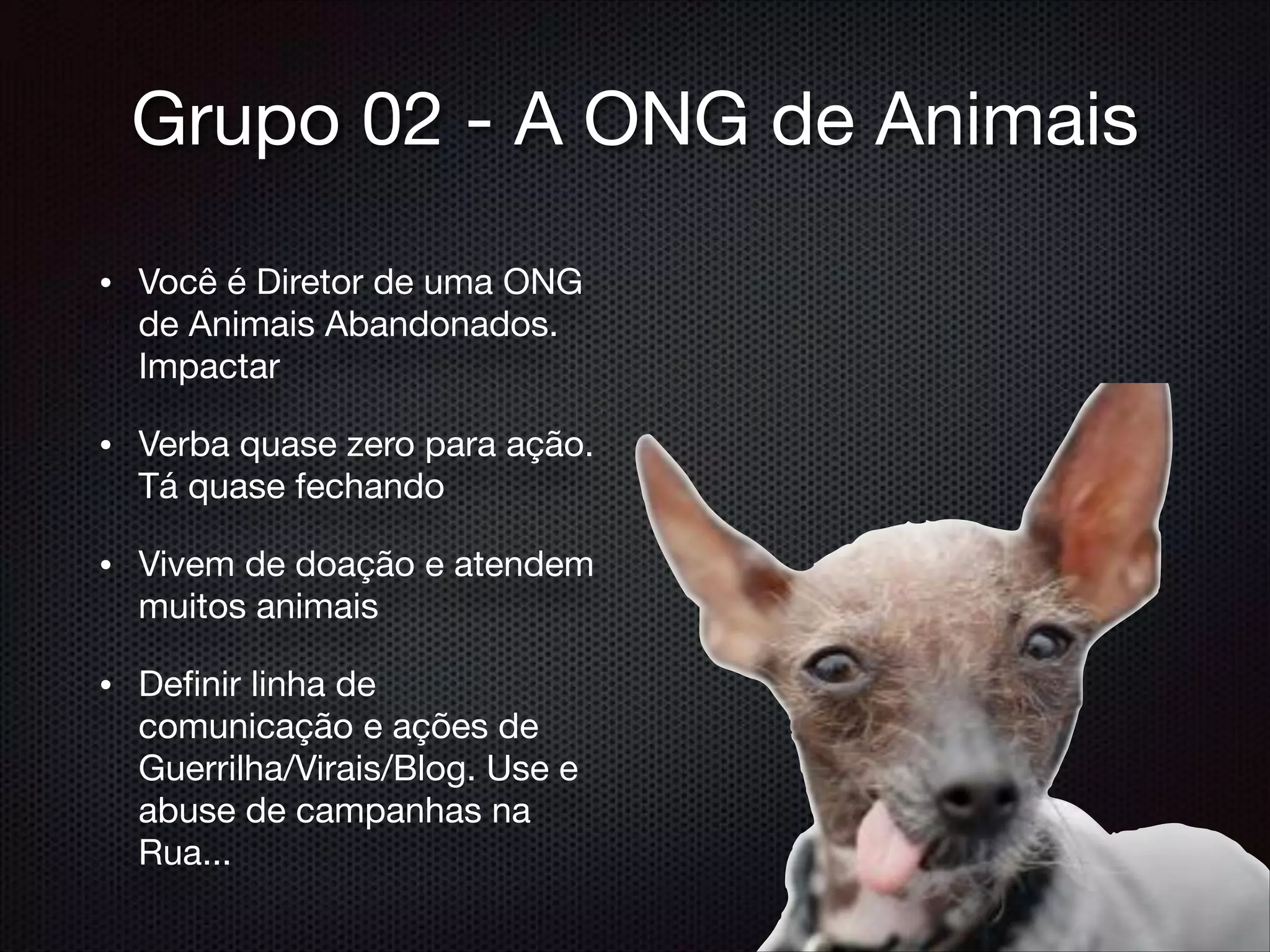 • Você é Diretor de uma ONG
de Animais Abandonados.
Impactar

• Verba quase zero para ação.
Tá quase fechando

• Vivem de doação e atendem
muitos animais

• Deﬁnir linha de
comunicação e ações de
Guerrilha/Virais/Blog. Use e
abuse de campanhas na
Rua...
Grupo 02 - A ONG de Animais
 