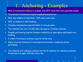 1. Anchoring - Examples
•   69% of Americans believe in angels, and 46% have their own guardian angel.
•   Two-thirds of Americans report mystical experiences.
•   90% say religion is important; 72% pray every day.
•   40% us believe in faith healing.
•   Christian bookstores reap $3 billion in annual sales.
•   The Internet has over 72,000 sites devoted to Christian themes.
•   People are looking beyond Western traditions to alternative spirituality and
    healing.
•   3 million Americans practice yoga & martial arts.
•   Many of us are looking for more personal anchors, exploring family
    genealogy.

•   The Internet and software shelves are full of systems for tracking ancestry;
    Rootsweb.com gets 400,000 hits a day

                                                                              10
 