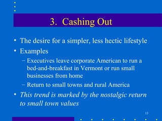 3. Cashing Out
• The desire for a simpler, less hectic lifestyle
• Examples
  – Executives leave corporate American to run a
    bed-and-breakfast in Vermont or run small
    businesses from home
  – Return to small towns and rural America
• This trend is marked by the nostalgic return
  to small town values
                                                   13
 
