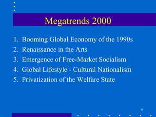 Megatrends 2000
1.   Booming Global Economy of the 1990s
2.   Renaissance in the Arts
3.   Emergence of Free-Market Socialism
4.   Global Lifestyle - Cultural Nationalism
5.   Privatization of the Welfare State



                                               6
 