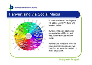 best-practice-business.de
  best-practice-business.de/blog



Fanvertising via Social Media
                                   Kunden empfehlen heute gerne
                                   via Social Media Produkte und
                                   Marken weiter.

                                   Kunden kritisieren aber auch
                                   gerne via Social Media, weil
                                   dadurch Ihr Einfluss deutlich
                                   steigt.

                                   Händler und Hersteller müssen
                                   heute dort kommunizieren, wo
                                   ihre Kunden es wollen und nicht
                                   mehr umgekehrt.



                                               Mit gutem Beispiel
 