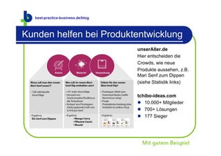 best-practice-business.de
  best-practice-business.de/blog



Kunden helfen bei Produktentwicklung
                                   unserAller.de
                                   Hier entscheiden die
                                   Crowds, wie neue
                                   Produkte aussehen, z.B.
                                   Mari Senf zum Dippen
                                   (siehe Statistik links)

                                   tchibo-ideas.com
                                    10.000+ Mitglieder
                                    700+ Lösungen
                                    177 Sieger




                                     Mit gutem Beispiel
 