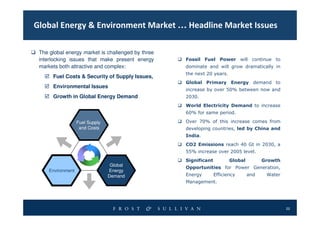 Global Energy & Environment Market … Headline Market Issues

 The global energy market is challenged by three
 interlocking issues that make present energy      Fossil Fuel Power will continue to
 markets both attractive and complex:              dominate and will grow dramatically in
                                                   the next 20 years.
      Fuel Costs & Security of Supply Issues,
                                                   Global Primary Energy demand to
      Environmental Issues
                                                   increase by over 50% between now and
      Growth in Global Energy Demand               2030.
                                                   World Electricity Demand to increase
                                                   60% for same period.

                   Fuel Supply                     Over 70% of this increase comes from
                    and Costs                      developing countries, led by China and
                                                   India.
                                                   CO2 Emissions reach 40 Gt in 2030, a
                                                   55% increase over 2005 level.
                                                   Significant          Global         Growth
                                  Global
                                                   Opportunities for Power Generation,
     Environment                 Energy
                                 Demand            Energy        Efficiency      and    Water
                                                   Management.




                                                                                                22
 