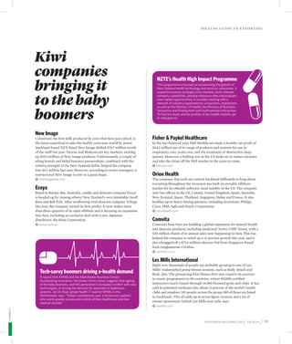 l                                                                                                                               Idealog guide to exp orting




                  Kiwi
                  companies
                  bringing it
                                                                                                NZTE’s Health High Impact Programme
                                                                                                This programme is focused on accelerating the growth of
                                                                                                New Zealand health technology and services companies. It



                  to the baby
                                                                                                supports business to target niche markets, build relevant
                                                                                                company capabilities, develop reference sites and evaluate
                                                                                                new market opportunities. It includes working with a
                                                                                                network of industry organisations, universities, researchers



                  boomers
                                                                                                as well as the Ministry of Health, the Ministry of Business,
                                                                                                Innovation and Employment and multinational enterprises.
                                                                                                To find out more, and for profiles of key health markets, go
                                                                                                to nzte.govt.nz.



                  New Image
                  Colostrum: the first milk produced by cows that have just calved, is       Fisher & Paykel Healthcare
                  the latest superfood to take the health-conscious world by storm.          In the last financial year, F&P Healthcare made a healthy net profit of
                  Auckland-based NZX-listed New Image shifted $74.7 million worth            $64.1 million out of its range of products and systems for use in
                  of the stuff last year. Taiwan and Malaysia are key markets, sucking       respiratory care, acute care, and the treatment of obstructive sleep
                  up $55.9 million of New Image products. Unfortunately, a couple of         apnoea. However, a bidding war in the US looks set to reduce incomes
                  ailing brands and failed business partnerships, combined with the          and take the shine off the F&P market in the years to come.
                  relative strength of the New Zealand dollar, helped the company            kkfphcare.com
                  lose $6.1 million last year. However, according to senior managers, a
                  restructured New Image is now in a good shape.                             Orion Health
                  kknewimageasia.com                                                         The company that took out central Auckland billboards to brag about
                                                                                             recruiting throughout the recession has built an enviable offshore
                  Ecoya                                                                      market for its eHealth software, most notably in the US. The company
                  Based in Botany Bay, Australia, candle and skincare company Ecoya          now has offices in the US, Canada, United Kingdom, Spain, Australia,
                  is headed up by (among others) New Zealand’s own inimitable Geoff          New Zealand, Japan, Thailand, Singapore, Dubai and France. It also
                  Ross and Rob Fyfe. After swallowing rival skincare company Trilogy         buddies up to heavy-hitting partners, including Accenture, Philips,
                  last year, the company turned its first profits. It now makes more         Cisco, IBM, Agfa and Oracle Corporation.
                  than three quarters of its sales offshore and is focusing on expansion     kkorionhealth.com
                  into Asia, including an exclusive deal with a new Japanese
                  distributor, the Kinu Corporation.                                         Comvita
                  kkecoya.com.au                                                             Comvita’s busy bees are building a global reputation for natural health
                                                                                             and skincare products, including medicinal ‘Active UMF’ honey, with a
                                                                                             $35 million chunk of its annual sales now happening in Asia. This has
                                                                                             helped the company to notch up a 12 percent growth this year, and it
                                                                                             also shrugged off a $71.6 million takeover bid from Singapore-based
                                                                                             food conglomerate Cerebos.
                                                                                             kkcomvita.co.nz

                                                                                             Les Mills International
                                                                                             Right now thousands of people are probably gyrating to one of Les
                                                                                             Mills’ trademarked group fitness sessions, such as Body Attack and
                     Tech-savvy boomers driving e-health demand                              Body Jam. The pioneering Kiwi fitness firm now exports its exercise-
                     A report from KPMG and the Manchester Business School,
                                                                                             to-music programmes to 80 countries, where 90,000 certified
                     Accelerating Innovation: the power of the crowd, suggests that ageing
                     of the baby boomers, and this generation’s increased comfort with new   instructors teach classes through 14,000 licensed gyms and clubs. It has
                     technologies, is driving the demand for openness in healthcare          sold its patented workouts into about 11 percent of the world’s health
                     systems. Jan De Boer, global health IT lead for KPMG in the             clubs and employs 130 people across the group (80 of those are based
                     Netherlands, says: “Today’s smartphone user is tomorrow’s patient       in Auckland). This all adds up to seven figure revenue and a lot of
                     who wants greater access and control of their healthcare and their
                     medical records.”                                                       sweaty sportswear (which Les Mills now sells, too).
                                                                                             kklesmills.com
    AJP10360_IA




                                                                                                                                   November-december 2012      / idealog / 95
 