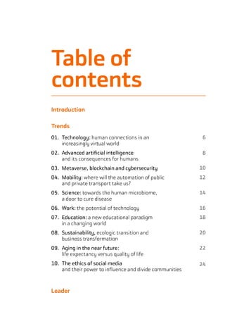 01.	Technology: human connections in an
	 increasingly virtual world
02.	 Advanced artificial intelligence
	 and its conse...