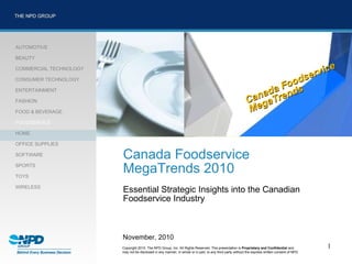 Canada Foodservice MegaTrends 2010 Essential Strategic Insights into the Canadian  Foodservice Industry http://corpdevnew/image_library/ November, 2010 Copyright 2010. The NPD Group, Inc. All Rights Reserved. This presentation is  Proprietary and Confidential  and  may not be disclosed in any manner, in whole or in part, to any third party without the express written consent of NPD. Canada Foodservice MegaTrends 
