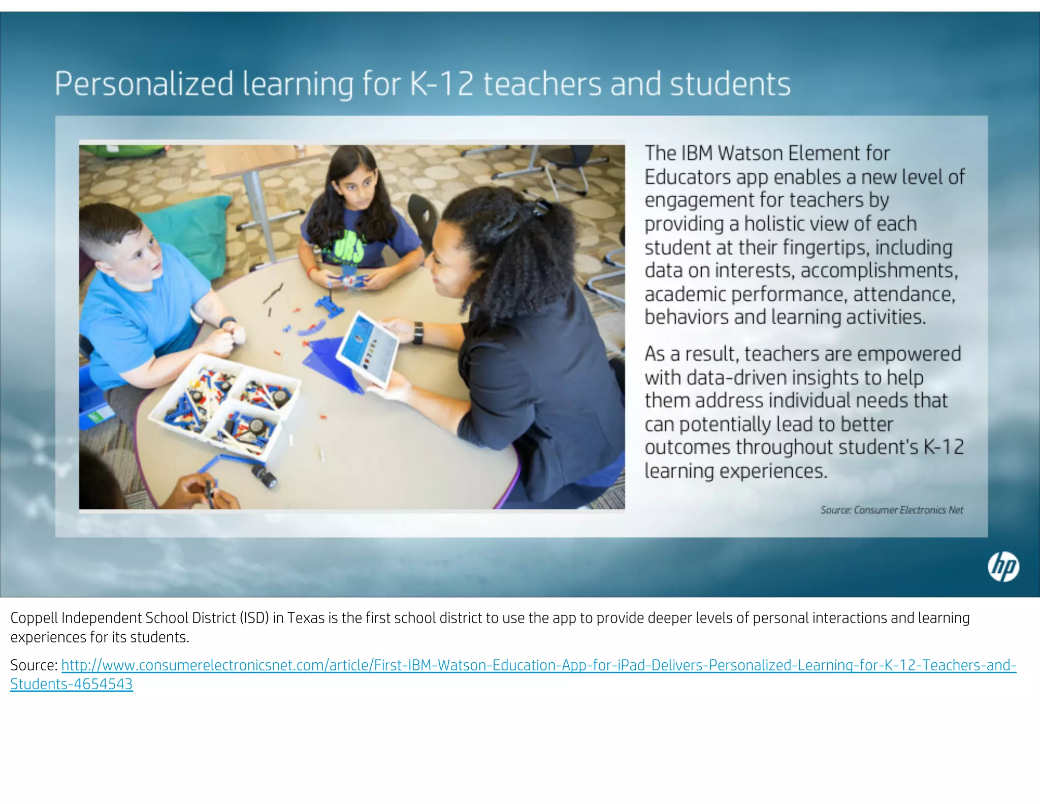 Coppell Independent School District (ISD) in Texas is the first school district to use the app to provide deeper levels of personal interactions and learning
experiences for its students.
Source: http://www.consumerelectronicsnet.com/article/First-IBM-Watson-Education-App-for-iPad-Delivers-Personalized-Learning-for-K-12-Teachers-and-
Students-4654543
 
