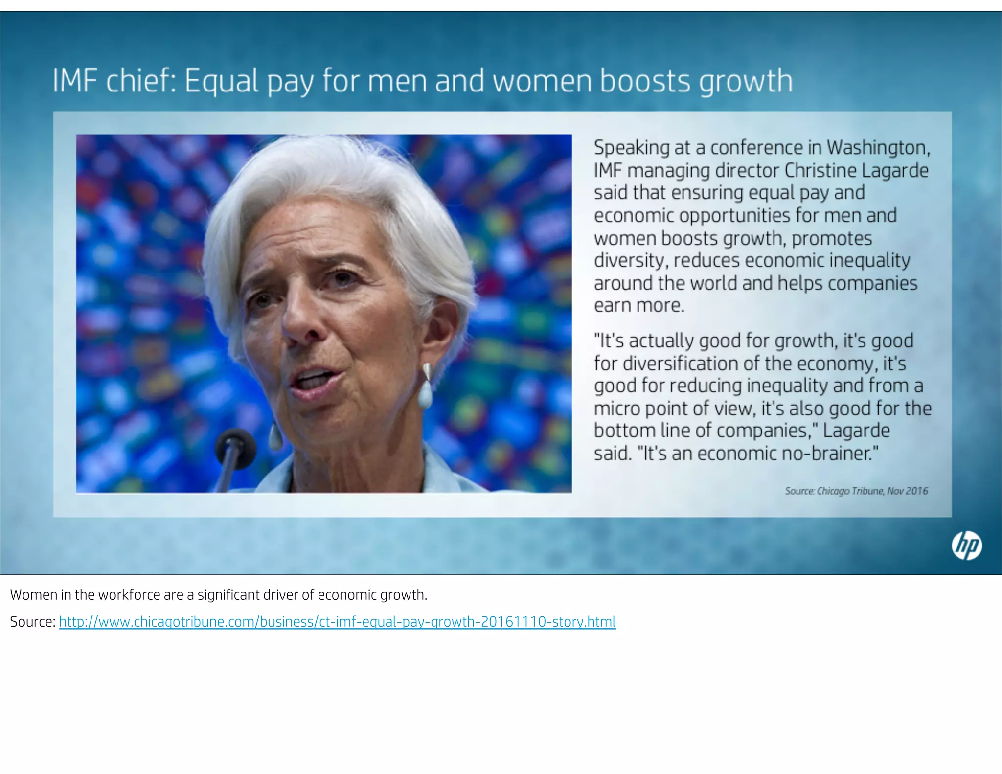 Women in the workforce are a significant driver of economic growth.
Source: http://www.chicagotribune.com/business/ct-imf-equal-pay-growth-20161110-story.html
 