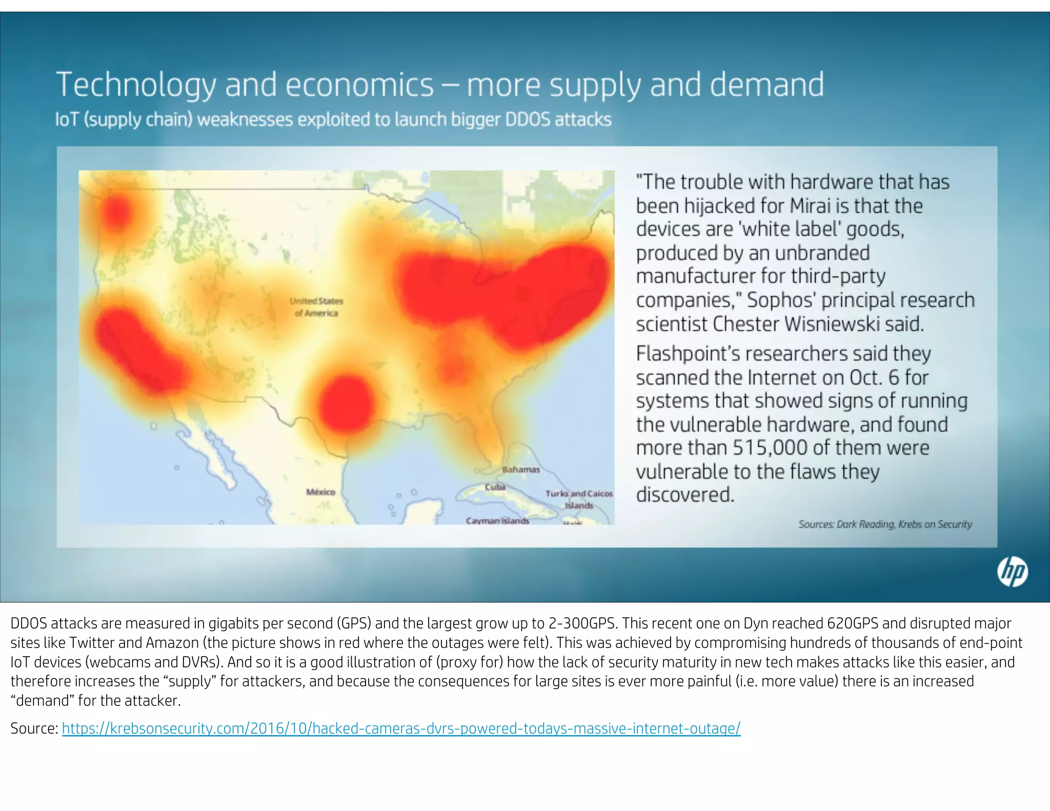DDOS attacks are measured in gigabits per second (GPS) and the largest grow up to 2-300GPS. This recent one on Dyn reached 620GPS and disrupted major
sites like Twitter and Amazon (the picture shows in red where the outages were felt). This was achieved by compromising hundreds of thousands of end-point
IoT devices (webcams and DVRs). And so it is a good illustration of (proxy for) how the lack of security maturity in new tech makes attacks like this easier, and
therefore increases the “supply” for attackers, and because the consequences for large sites is ever more painful (i.e. more value) there is an increased
“demand” for the attacker.
Source: https://krebsonsecurity.com/2016/10/hacked-cameras-dvrs-powered-todays-massive-internet-outage/
 
