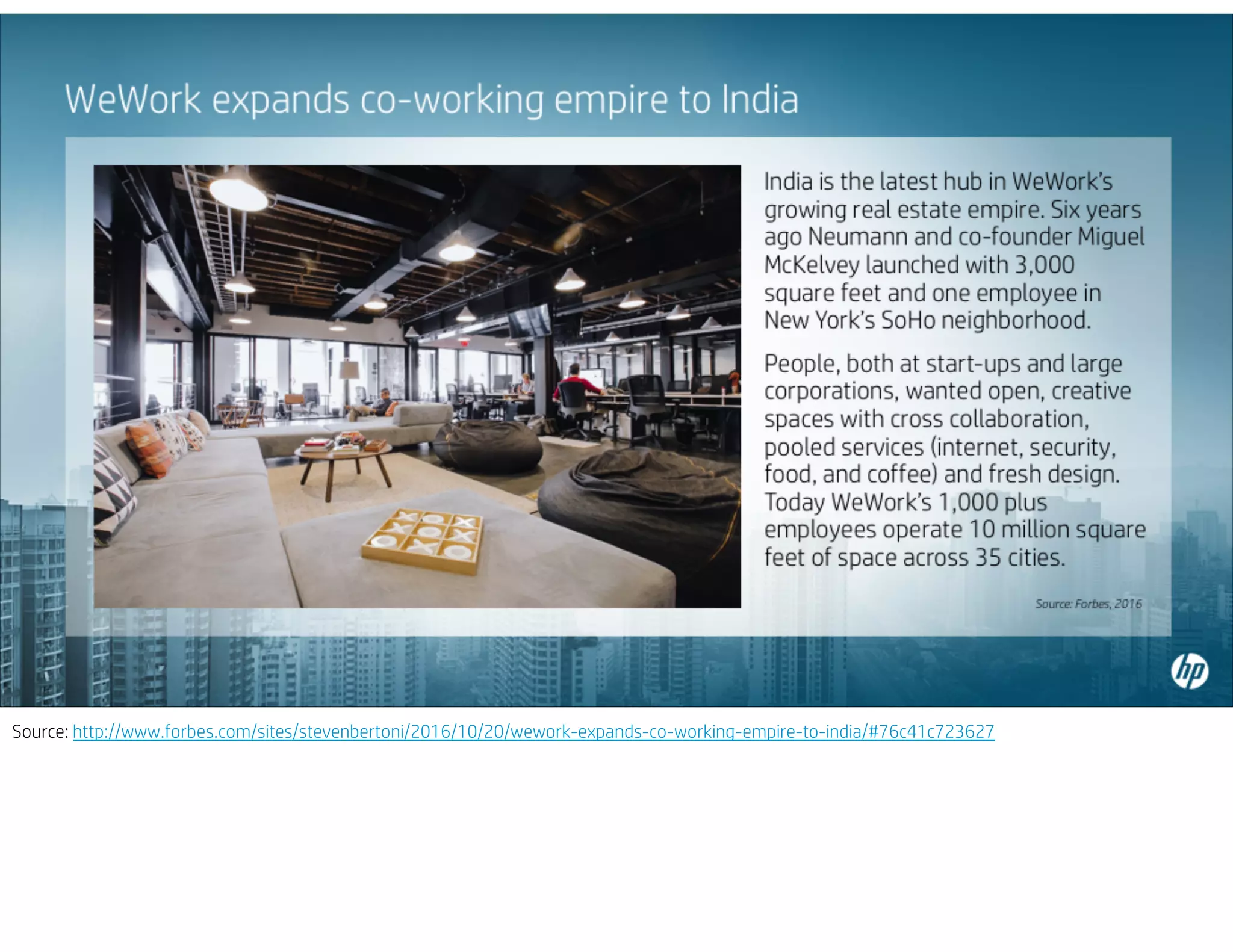 Source: http://www.forbes.com/sites/stevenbertoni/2016/10/20/wework-expands-co-working-empire-to-india/#76c41c723627
 