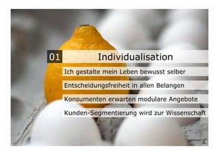 01             Individualisation
     Ich gestalte mein Leben bewusst selber

     Entscheidungsfreiheit in allen Belangen

     Konsumenten erwarten modulare Angebote

     Kunden-Segmentierung wird zur Wissenschaft
 