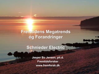 Fremtidens Megatrends
og Forandringer
Schnieder Electric
Jesper Bo Jensen, ph.d.
Fremtidsforsker
www.fremforsk.dk
 