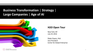 Peter Evans, PhD
Vice President
Center for Global Enterprise
H2O Open Tour
New York, NY
July 19, 2016
1
Business Transformation | Strategy |
Large Companies | Age of AI
 