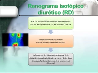 El RD es una prueba dinámica que informa sobre la
función renal y la eliminación por el sistema colector
Se considera normal cuando la
función diferencial es mayor del 40%.
La frecuencia del RD de control depende de la
dilatación pielocalicial, diámetro ureteral y de los datos
del previo, fundamentalmente de la función renal
diferencial.
 