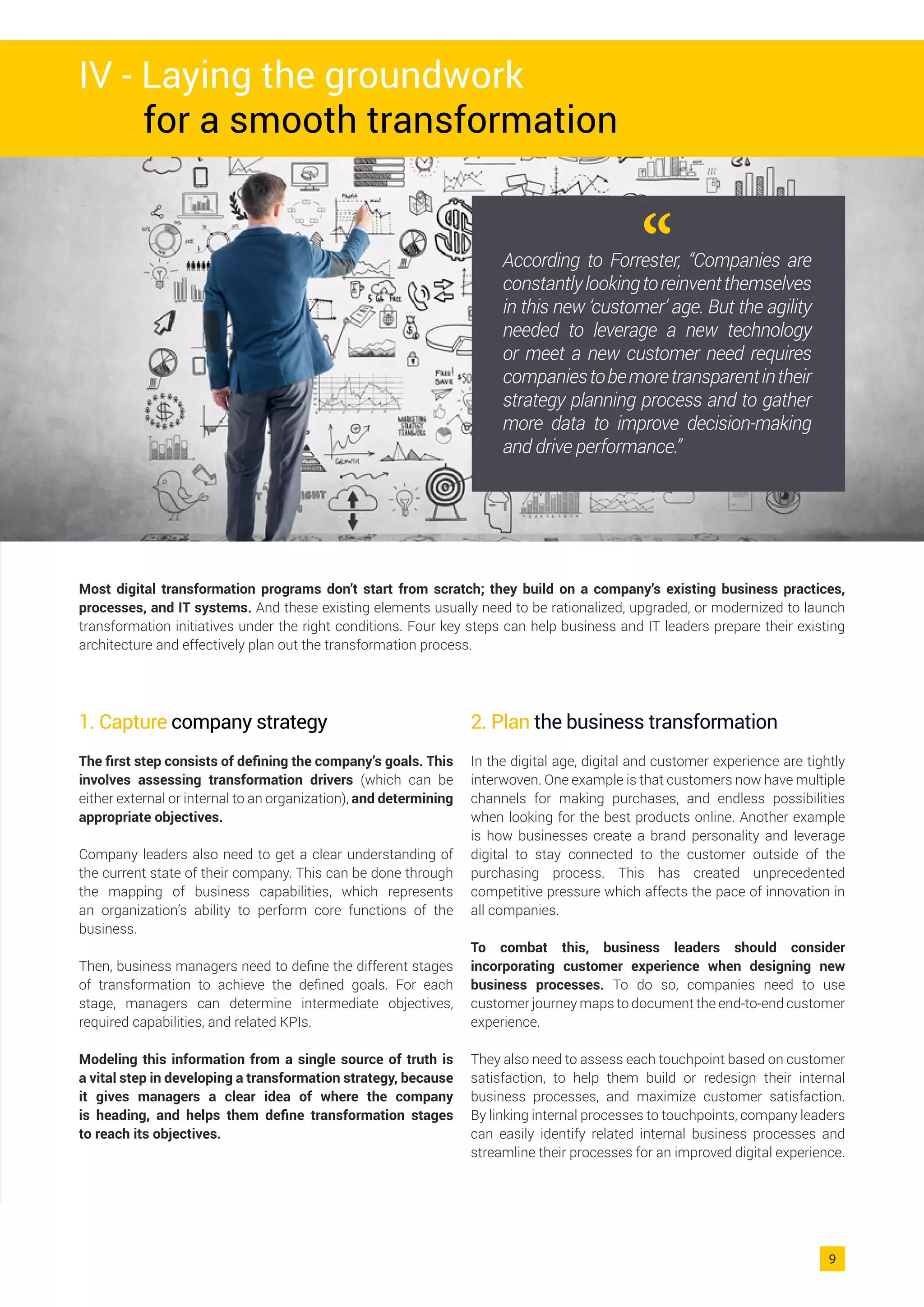 1. Capture company strategy
The first step consists of defining the company’s goals. This
involves assessing transformation drivers (which can be
either external or internal to an organization), and determining
appropriate objectives.
Company leaders also need to get a clear understanding of
the current state of their company. This can be done through
the mapping of business capabilities, which represents
an organization’s ability to perform core functions of the
business.
Then, business managers need to define the different stages
of transformation to achieve the defined goals. For each
stage, managers can determine intermediate objectives,
required capabilities, and related KPIs.
Modeling this information from a single source of truth is
a vital step in developing a transformation strategy, because
it gives managers a clear idea of where the company
is heading, and helps them define transformation stages
to reach its objectives.
Most digital transformation programs don’t start from scratch; they build on a company’s existing business practices,
processes, and IT systems. And these existing elements usually need to be rationalized, upgraded, or modernized to launch
transformation initiatives under the right conditions. Four key steps can help business and IT leaders prepare their existing
architecture and effectively plan out the transformation process.
2. Plan the business transformation
In the digital age, digital and customer experience are tightly
interwoven. One example is that customers now have multiple
channels for making purchases, and endless possibilities
when looking for the best products online. Another example
is how businesses create a brand personality and leverage
digital to stay connected to the customer outside of the
purchasing process. This has created unprecedented
competitive pressure which affects the pace of innovation in
all companies.
To combat this, business leaders should consider
incorporating customer experience when designing new
business processes. To do so, companies need to use
customer journey maps to document the end-to-end customer
experience.
They also need to assess each touchpoint based on customer
satisfaction, to help them build or redesign their internal
business processes, and maximize customer satisfaction.
By linking internal processes to touchpoints, company leaders
can easily identify related internal business processes and
streamline their processes for an improved digital experience.
IV - Laying the groundwork
for a smooth transformation
“According to Forrester, “Companies are
constantlylookingtoreinventthemselves
in this new ‘customer’ age. But the agility
needed to leverage a new technology
or meet a new customer need requires
companiestobemoretransparentintheir
strategy planning process and to gather
more data to improve decision-making
and drive performance.”
9
 