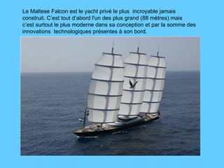 Le Maltese Falcon est le yacht privé le plus  incroyable jamais construit. C’est tout d’abord l'un des plus grand (88 mètres) mais  c’est surtout le plus moderne dans sa conception et par la somme des innovations  technologiques présentes à son bord. 