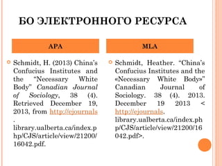 БО ЭЛЕКТРОННОГО РЕСУРСА
 Schmidt, H. (2013) China’s
Confucius Institutes and
the “Necessary White
Body” Canadian Journal
of Sociology, 38 (4).
Retrieved December 19,
2013, from http://ejournals
.
library.ualberta.ca/index.p
hp/CJS/article/view/21200/
16042.pdf.
 Schmidt, Heather. “China’s
Confucius Institutes and the
«Necessary White Body»”
Canadian Journal of
Sociology. 38 (4). 2013.
December 19 2013 <
http://ejournals.
library.ualberta.ca/index.ph
p/CJS/article/view/21200/16
042.pdf>.
APA MLA
 