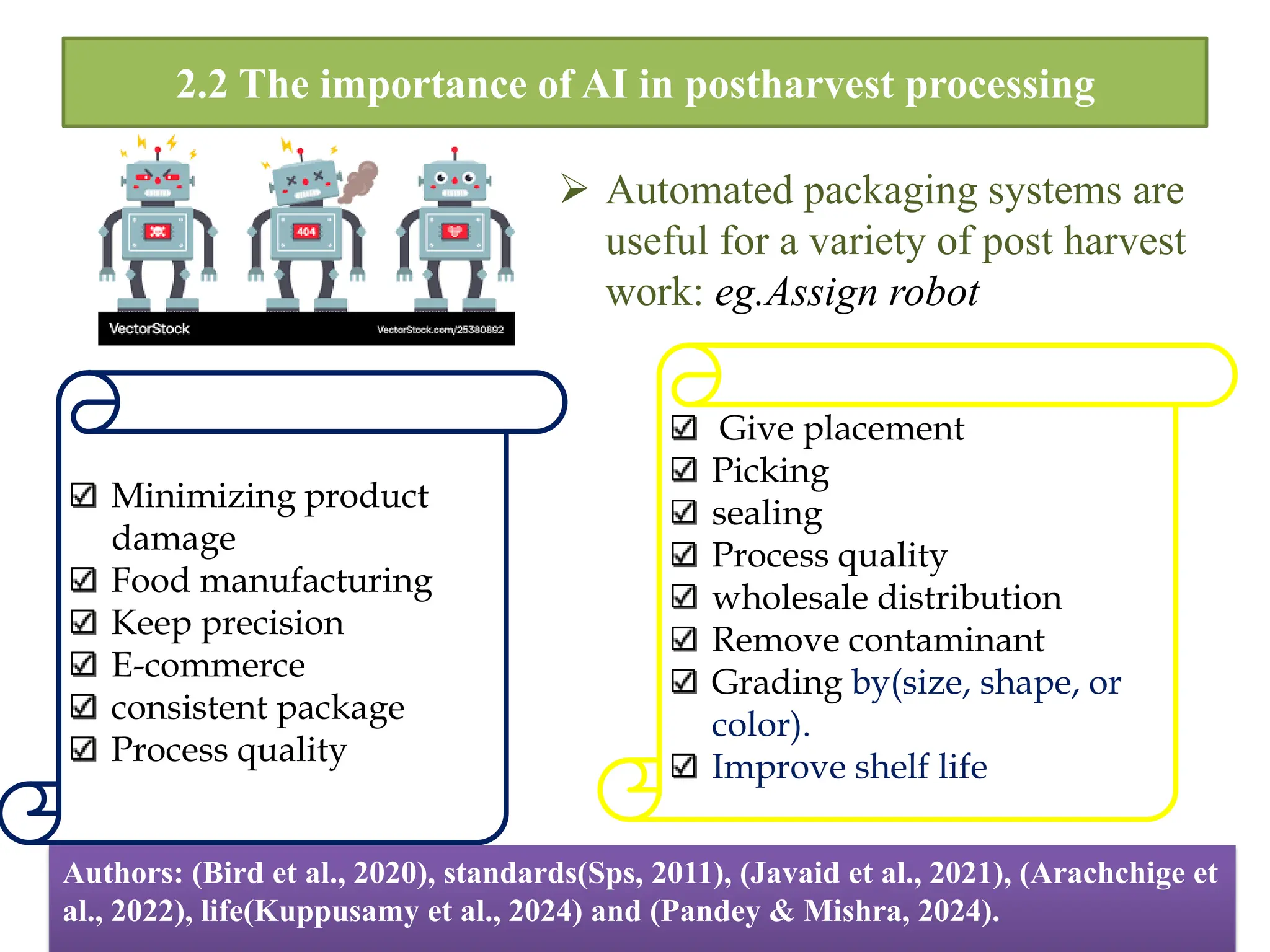 2.2 The importance of AI in postharvest processing
13
Minimizing product
damage
Food manufacturing
Keep precision
E-commerce
consistent package
Process quality
Give placement
Picking
sealing
Process quality
wholesale distribution
Remove contaminant
Grading by(size, shape, or
color).
Improve shelf life
Authors: (Bird et al., 2020), standards(Sps, 2011), (Javaid et al., 2021), (Arachchige et
al., 2022), life(Kuppusamy et al., 2024) and (Pandey & Mishra, 2024).
 Automated packaging systems are
useful for a variety of post harvest
work: eg.Assign robot
 