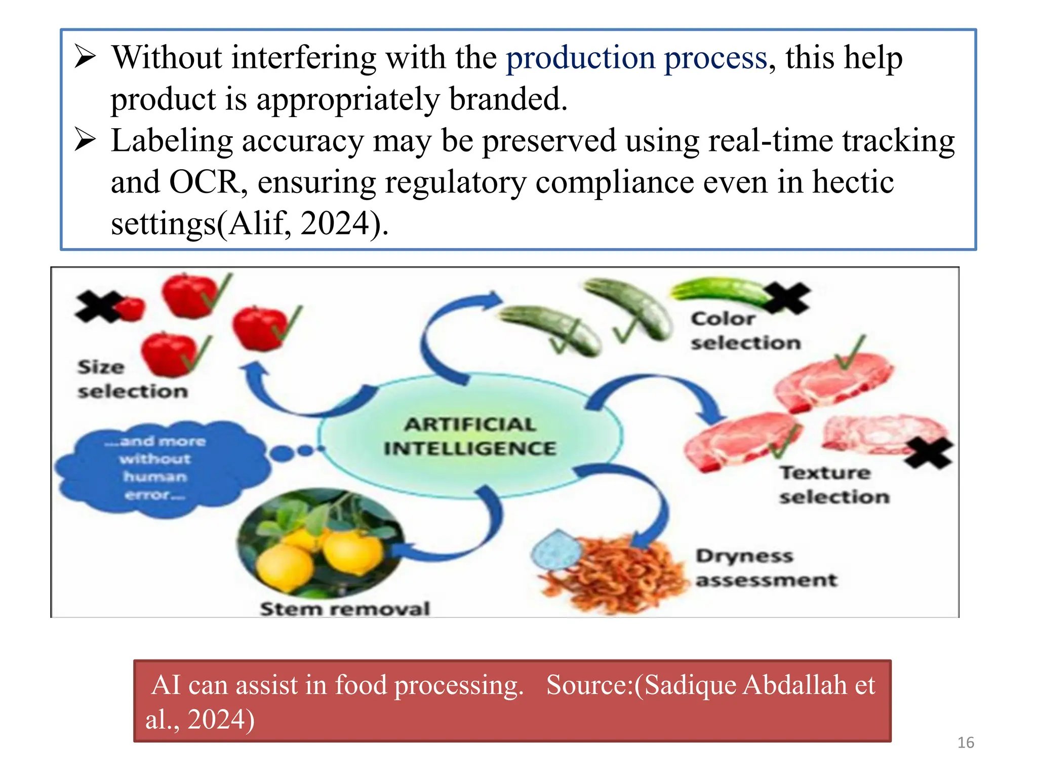 16
 Without interfering with the production process, this help
product is appropriately branded.
 Labeling accuracy may be preserved using real-time tracking
and OCR, ensuring regulatory compliance even in hectic
settings(Alif, 2024).
AI can assist in food processing. Source:(Sadique Abdallah et
al., 2024)
 