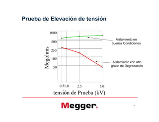 Prueba de Elevación de tensión
1000
500
250
100
Megohms
Aislamiento en
buenas Condiciones
Aislamiento con alto
grado de Degradación
50
50
0.51.0 2.5 5.0
Megohms
tensión de Prueba (kV)
Aislamiento con alto
grado de Degradación
 