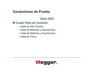 Conductores de Prueba
Delta 4000
 Cuatro Hilos de Conexión
• Cable de Alta Tensión
• Cable de Medición y Guarda Rojo
• Cable de Medición y Guarda Azul
• Cable de Tierra
17
Delta 4000
 Cuatro Hilos de Conexión
• Cable de Alta Tensión
• Cable de Medición y Guarda Rojo
• Cable de Medición y Guarda Azul
• Cable de Tierra
 