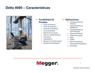  Factibilidad de
Pruebas
 Factor de Potencia
 Factor de Disipación
 Corriente de Excitación
 Tip-up Automático
 Barrido de Frecuencia
 Potencia (Watts Pérdidas)
 Inductancia
 Capacitancia
 Relación de Transformación*
 Reactancia de Dispersión*
Delta 4000 – Características
 Aplicaciones
 Transformadores de
Potencia
 Transformadores de
Distribución
 Transformadores de
Instrumentación
 Maquinas Rotativas
 Aislamiento Liquido
 Bujes
 Cables
 Bancos Capacitivos
 Interruptores Automáticos,
 Pararrayos
69
 Factibilidad de
Pruebas
 Factor de Potencia
 Factor de Disipación
 Corriente de Excitación
 Tip-up Automático
 Barrido de Frecuencia
 Potencia (Watts Pérdidas)
 Inductancia
 Capacitancia
 Relación de Transformación*
 Reactancia de Dispersión*
 Aplicaciones
 Transformadores de
Potencia
 Transformadores de
Distribución
 Transformadores de
Instrumentación
 Maquinas Rotativas
 Aislamiento Liquido
 Bujes
 Cables
 Bancos Capacitivos
 Interruptores Automáticos,
 Pararrayos
* Requieres Opcional Accesorio
 