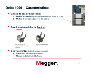  Diseño de dos componentes:
1. Modulo de Control con circuitería de medición, 31 lbs. o 14 kg
2. Modulo de elevación de AT 48 lbs. o 22 kg
 Dos tipos de módulos de Control :
 Dos vías de Operación (ambas incluidas):
 Automática via PowerDB Software
 Manual via Delta Control Software
Delta 4000 – Características
70
 Diseño de dos componentes:
1. Modulo de Control con circuitería de medición, 31 lbs. o 14 kg
2. Modulo de elevación de AT 48 lbs. o 22 kg
 Dos tipos de módulos de Control :
 Dos vías de Operación (ambas incluidas):
 Automática via PowerDB Software
 Manual via Delta Control Software
 
