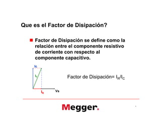 Que es el Factor de Disipación?
 Factor de Disipación se define como la
relación entre el componente resistivo
de corriente con respecto al
componente capacitivo.
8
Ic
VsIR
IT Factor de Disipación= IR/IC
 